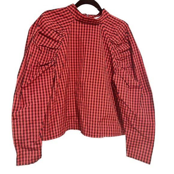 H&M Puff Long Sleeve Blouse Checked Red Black Low Stand Up Collar Covered Button - Picture 4 of 11